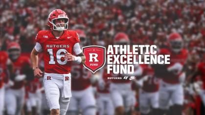 Football player running to the field next to a shield reading R Fund with the Rutgers, State of New Jersey, and Nike logosand bold letters reading Athletic Excellence Fund