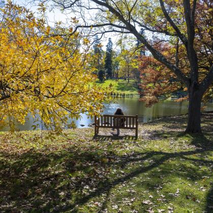 A student enjoys view of Passion Puddle on a fall day on Cook campus