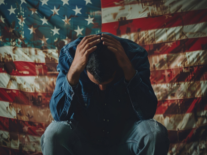 worried man in front of U.S. flag