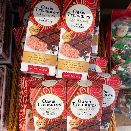 Photo by Alstede Farms on December 24, 2025. May be an image of wafer and text that says 'Treasures cavpsures CANDY CANE Oasis CHOCOLATE DU DUBAI Linaited Edition Oasis Treasures CANDY CANE DUBAI CHOCOLATE ATE Limited Edition fWled Milk Chocciate Crunchy ewitnGanay.Cane withCandy Cane Knafeh NETWT.Z6cz.(75as MMMM NET WT. 128g 6oz 750) fAvea Miver nocalate Crunchy Knafeh candys ane asis ام ق שום NETWT.26OL 26oz igs7 Ae ogethn に sis ures- CANNE Oasis Treasures CANDYCANE CANDY CANE DUBAI CHOCOLATE A7E Oasis Treasures CANDY CANE UBAI CHOCOLATE Limited Idlition Lknited Edit diton'.