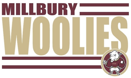 The Millbury Woolies logo features text and a woolie mascot.