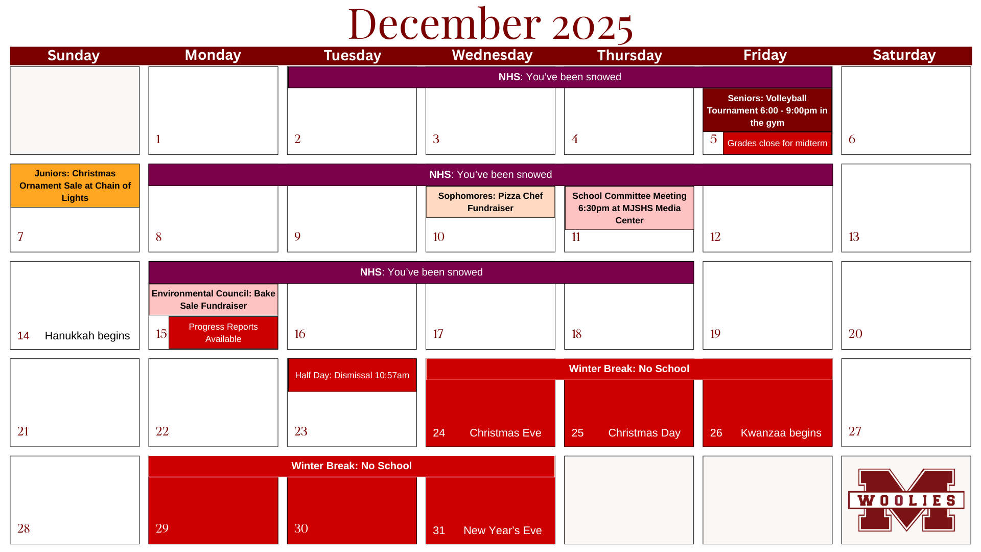 A December 2025 calendar with various dates highlighted in red and purple.