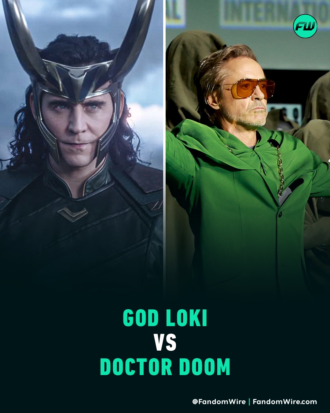 May be an image of vulture, costume, poster and text that says 'INTERNA FW FW GOD LOKI VS DOCTOR DOOM @FandomWire FandomWire.com'