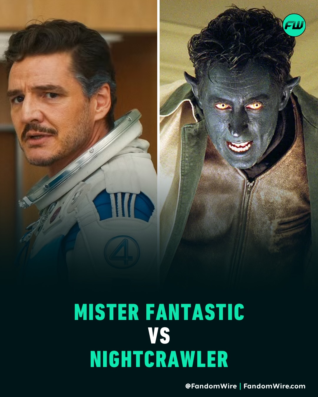 May be an image of poster, costume and text that says 'FW FW MISTER FANTASTIC VS NIGHTCRAWLER @FandomWire @FandomWire|FandomWire.com FandomWire.com'