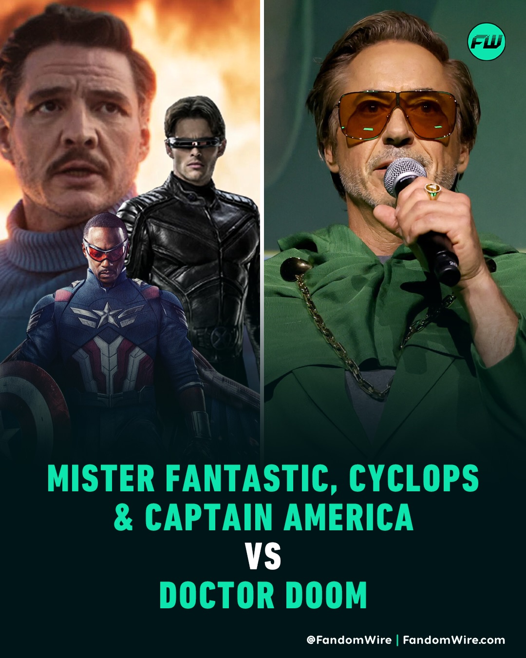 May be an image of vulture, Superman, costume, poster and text that says 'FW FW MISTER FANTASTIC, CYCLOPS & CAPTAIN AMERICA VS DOCTOR DOOM @FandomWire FandomWire.com @FandomWire|FandomWire.com andom'