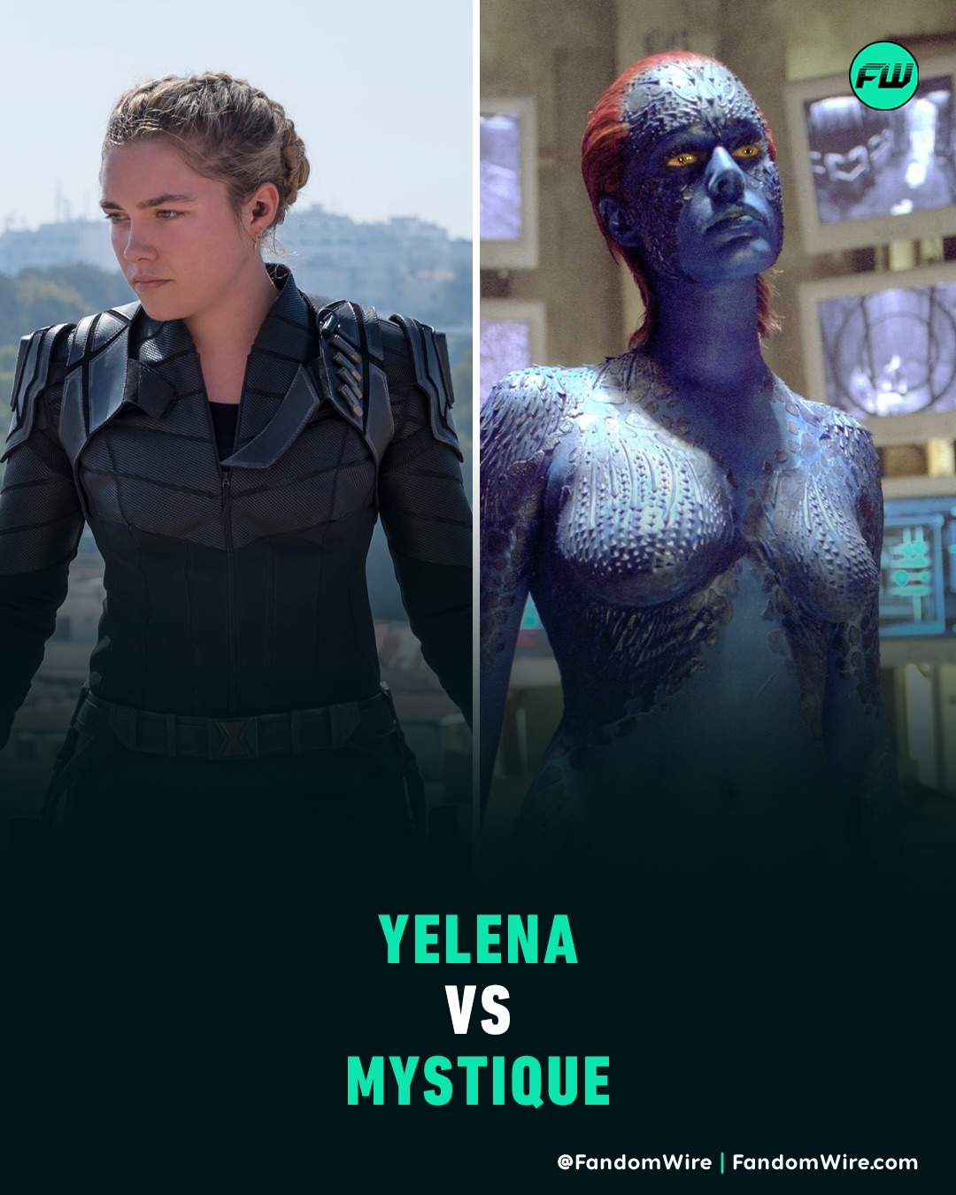 May be an image of vulture, costume, poster and text that says 'FW FW 面 華 YELENA VS MYSTIQUE @FandomWire FandomWire.com @FandomWire|FandomWire.com andom'