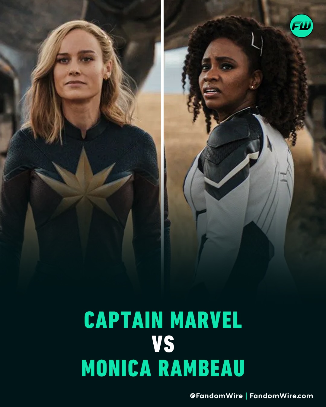 May be an image of costume, poster and text that says 'FW FW CAPTAIN CAPTAINMARVEL MARVEL VS MONICA RAMBEAU @FandomWire @FandomWireFandomWire.com FandomWire.com'