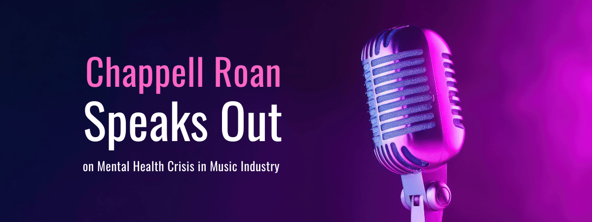 chappel roan speaks out on mental health crises in music industry with an antique microphone. Dark blue and hot pink background.